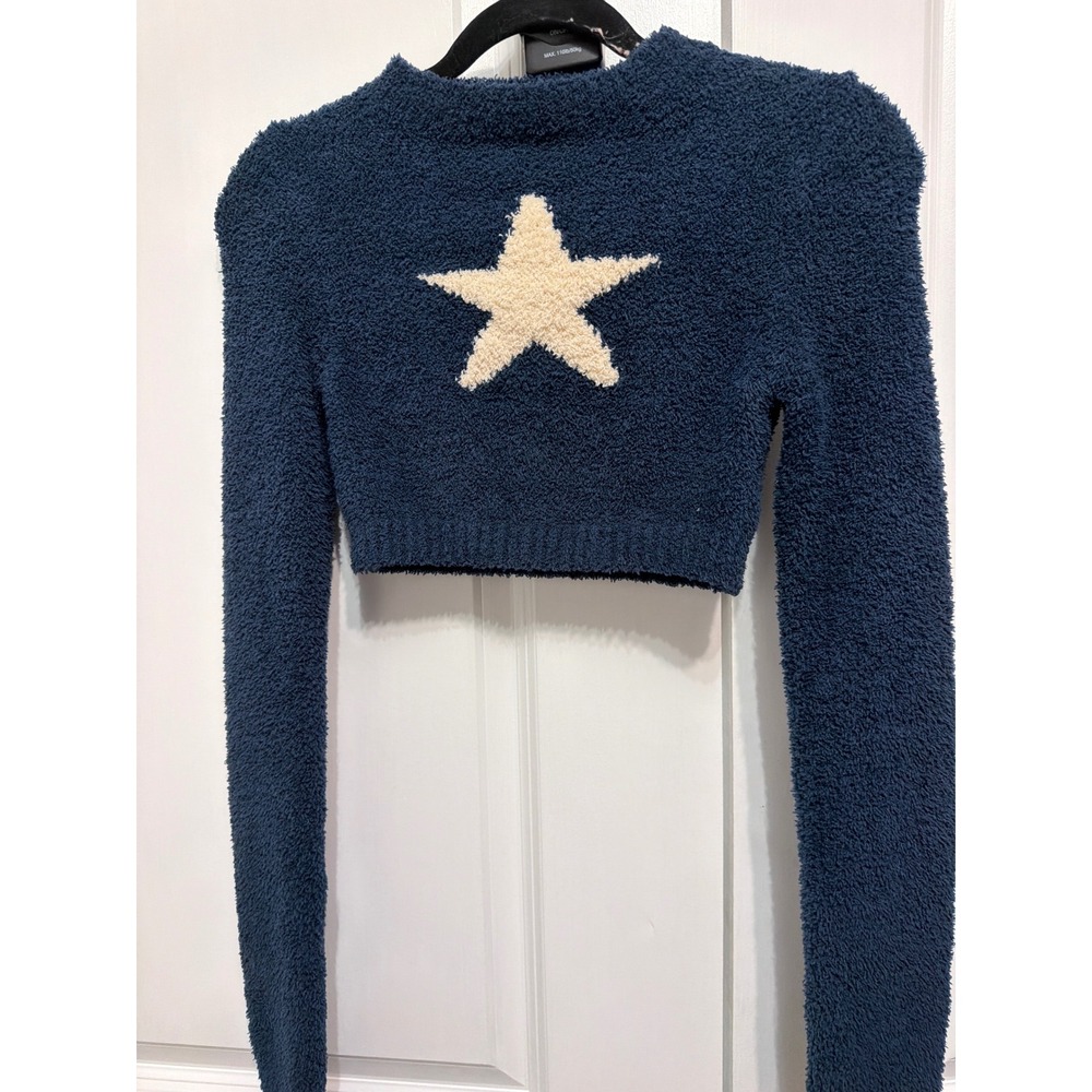 Edikted Navy Blue Fuzzy Star Cropped Sweater Long Sleeve XS Y2K Cozy Knit